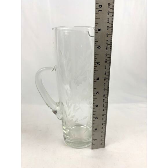 Vintage Mid Century Modern Floral Etched Tall Glass Pitcher 9" Hand Blown - Picture 4 of 13